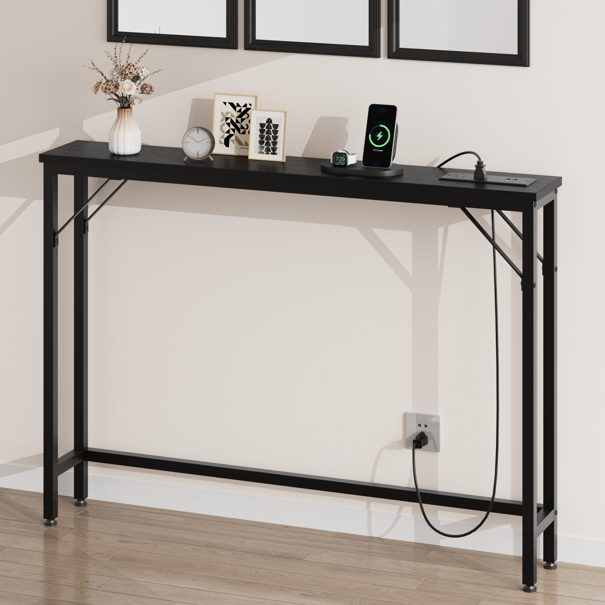 5.9" Narrow Sofa Table with Outlets, Skinny Console Table with Storage, Slim Behind Couch Table for Living Room, Entryway, Hallway, Foyer - Black