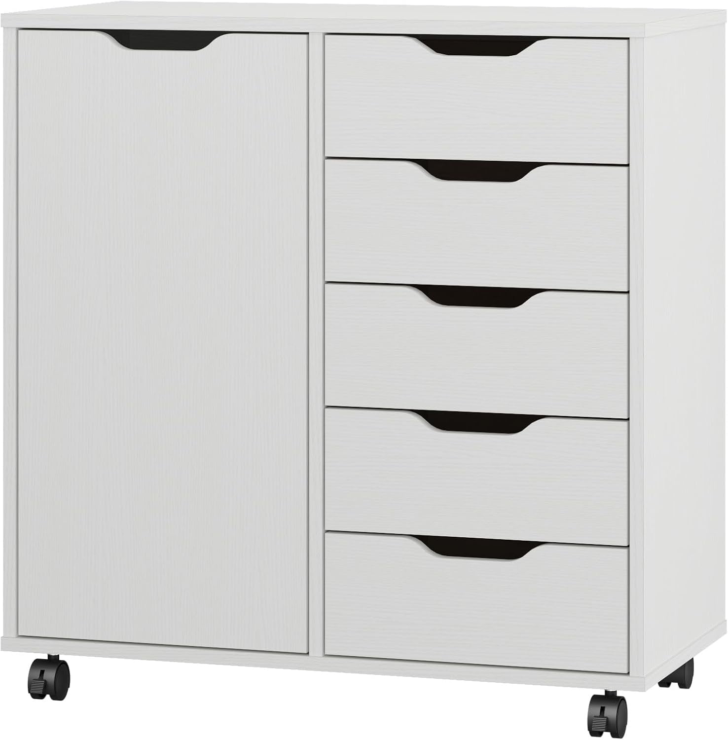 5-Drawer Chest with 1 Door, Wooden Chest of Drawers Storage Dresser Cabinet with Wheels, Office Organization and Storage, Bedroom Furniture (White-S)