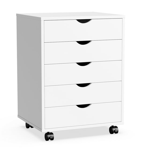 5 Drawer Dresser, Chest Dressers with Wheels, Wood Storage Cabinet for Bedroom, Home, Office Organization, White
