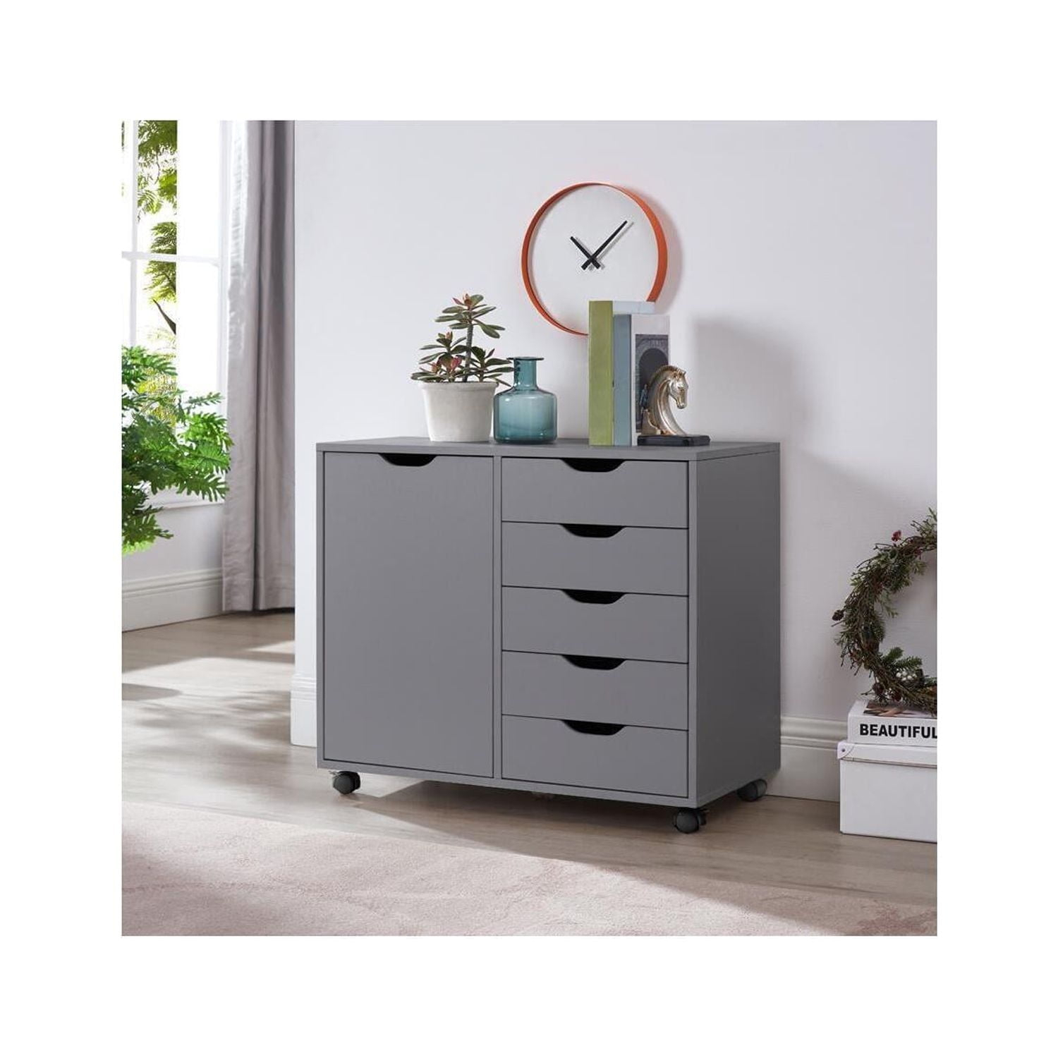 5 Drawer Dresser, Tall Dressers for Bedroom, Kids Dresser with Wheels, Storage Shelves with Drawers, Small Dresser for Closet, Makeup Dresser with 180 lbs Capacity - Grey