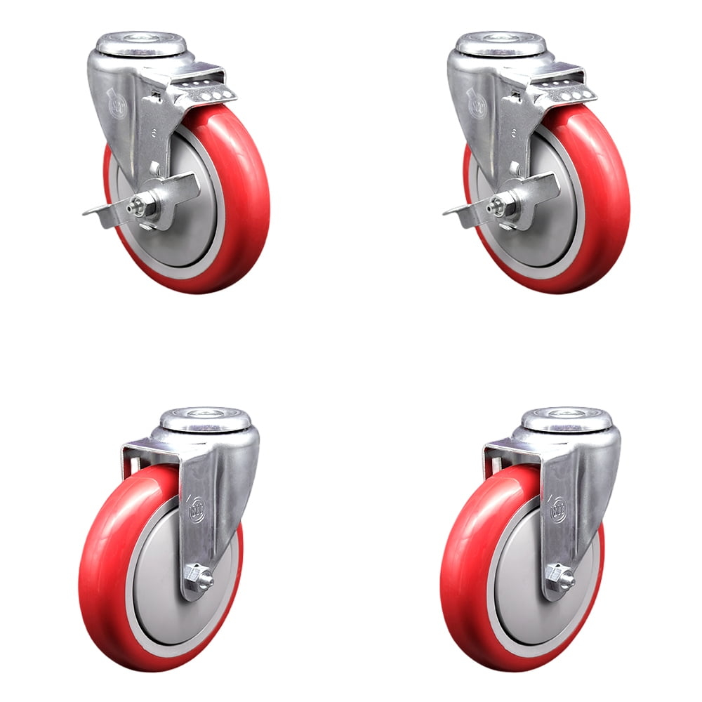 5 Inch Red Polyurethane Wheel Swivel Bolt Hole Caster Set with 2 Brake SCC