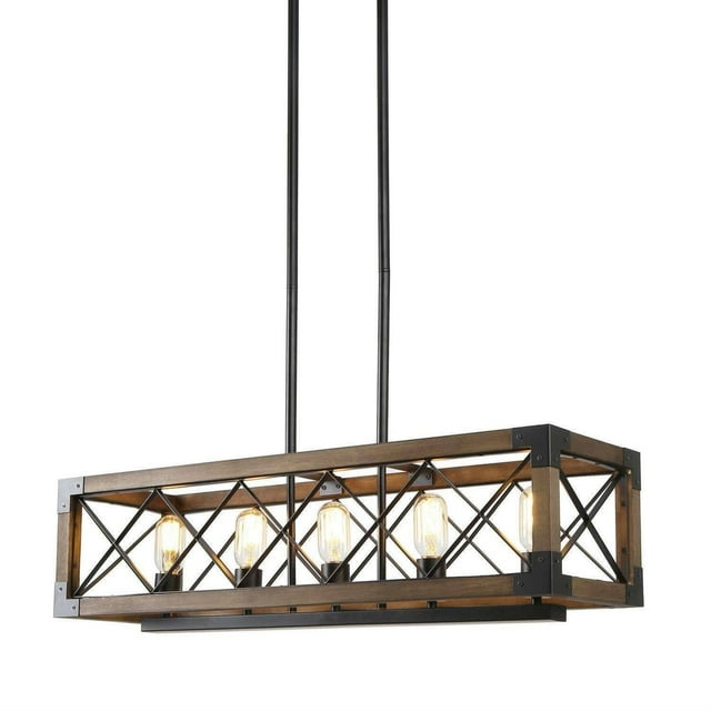 Farmhouse 5-Light Wood and Black Metal Chandelier, Rectangular Kitchen Island Light Fixture