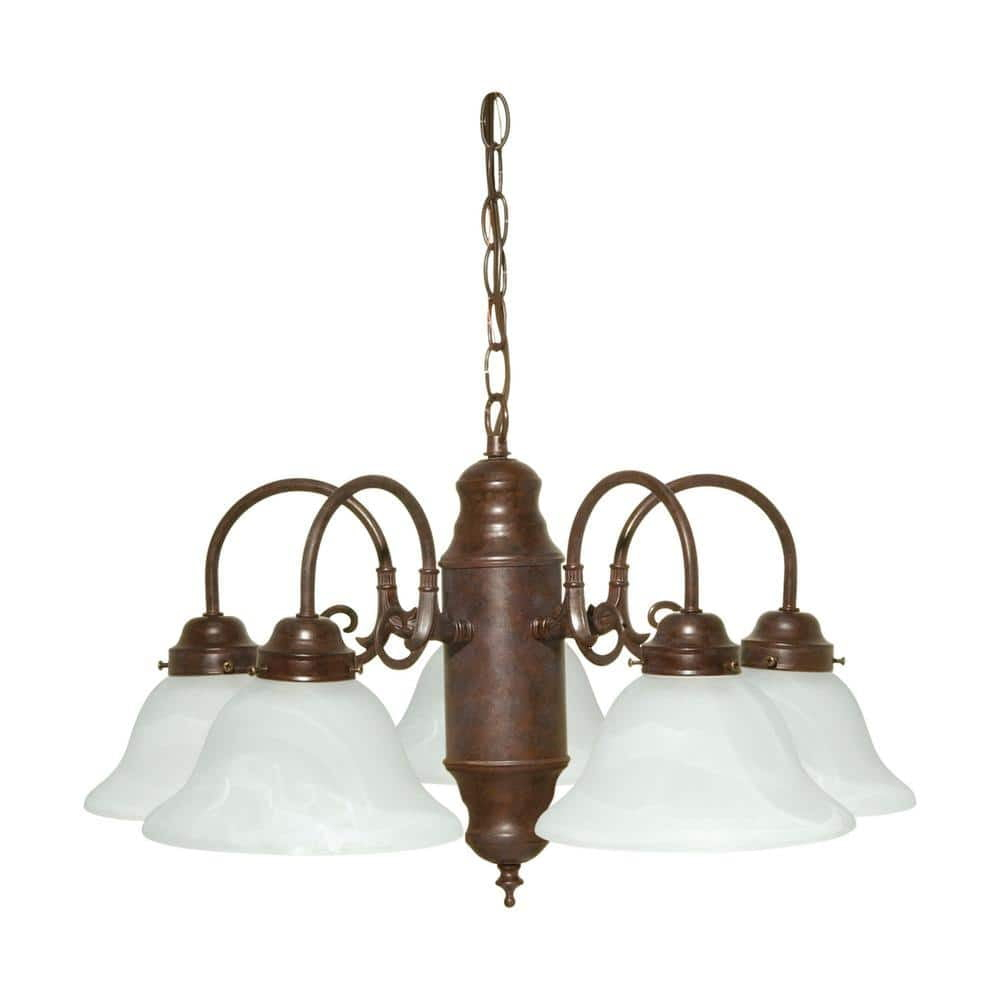 5-Light Old Bronze Chandelier with Alabaster Glass Shades