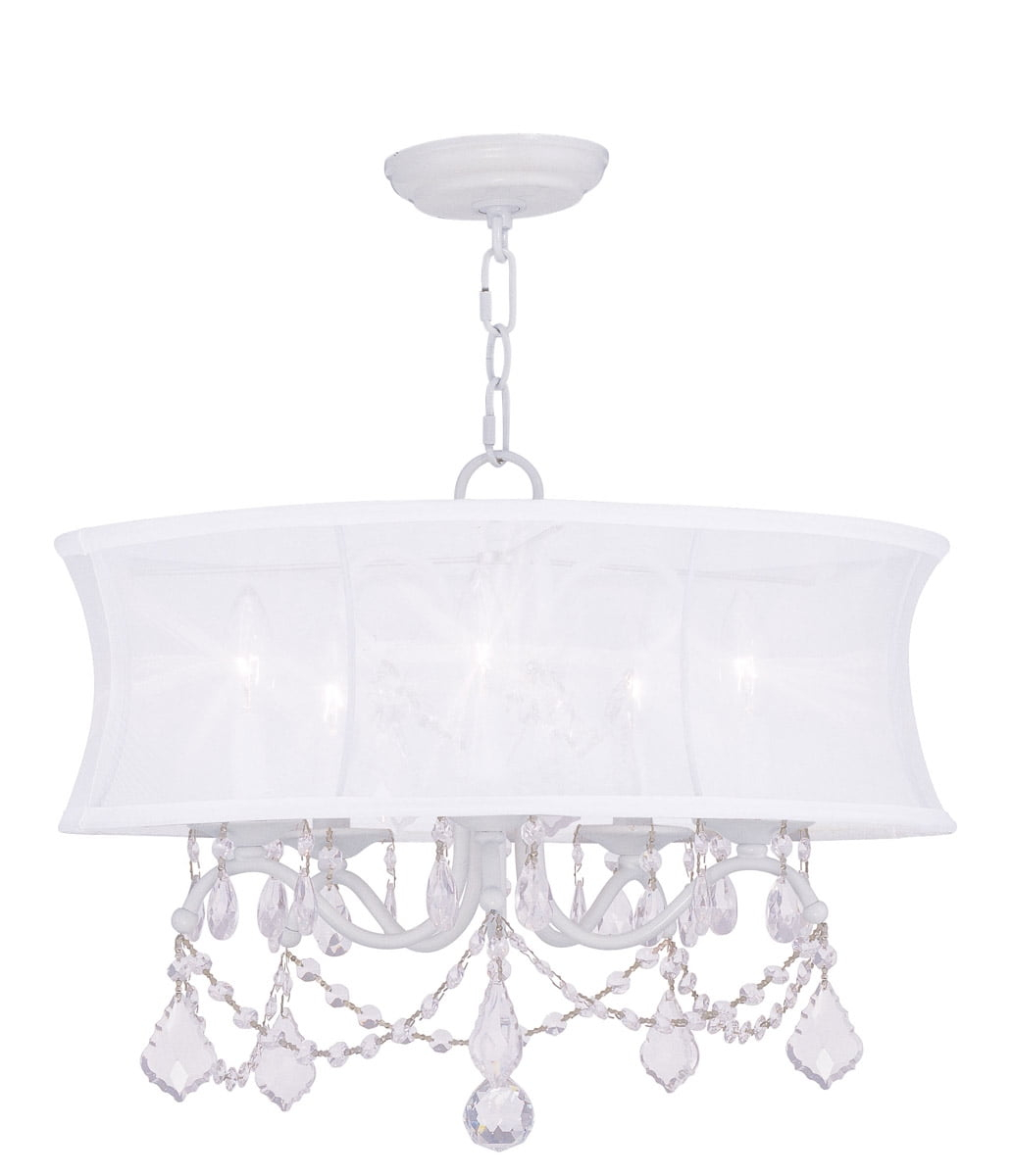 5 Light White Chandelier with Off White Silk Shimmer Shade