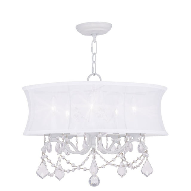 5 Light White Chandelier with Off White Silk Shimmer Shade