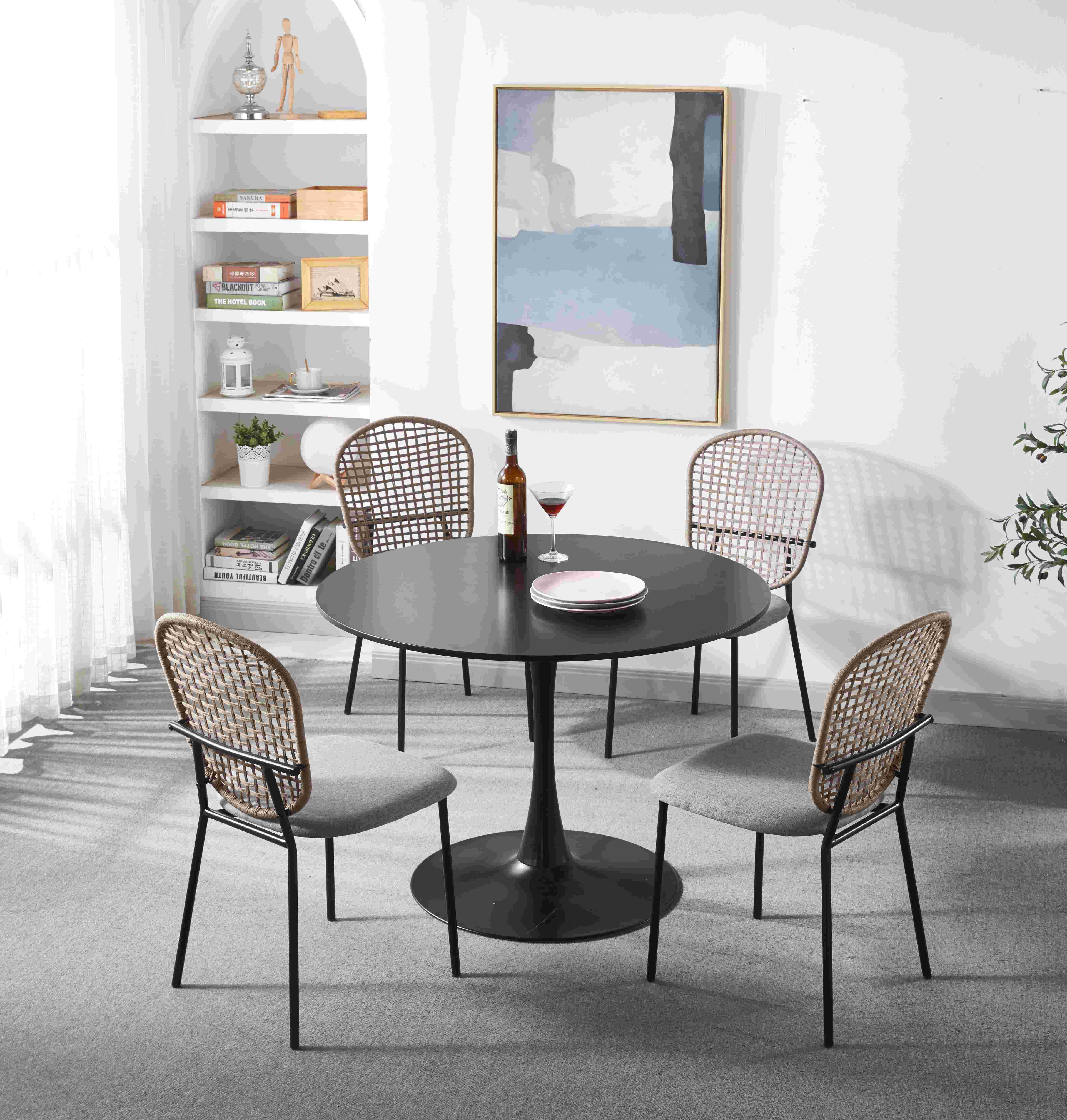 5-Piece Dining Set, Powder Coating Compact 31.5" Table & Upholstered Chair Set for Home, Apartment w/ 4 Chairs, Pedestal Dining Table, End Table Leisure Coffee Table