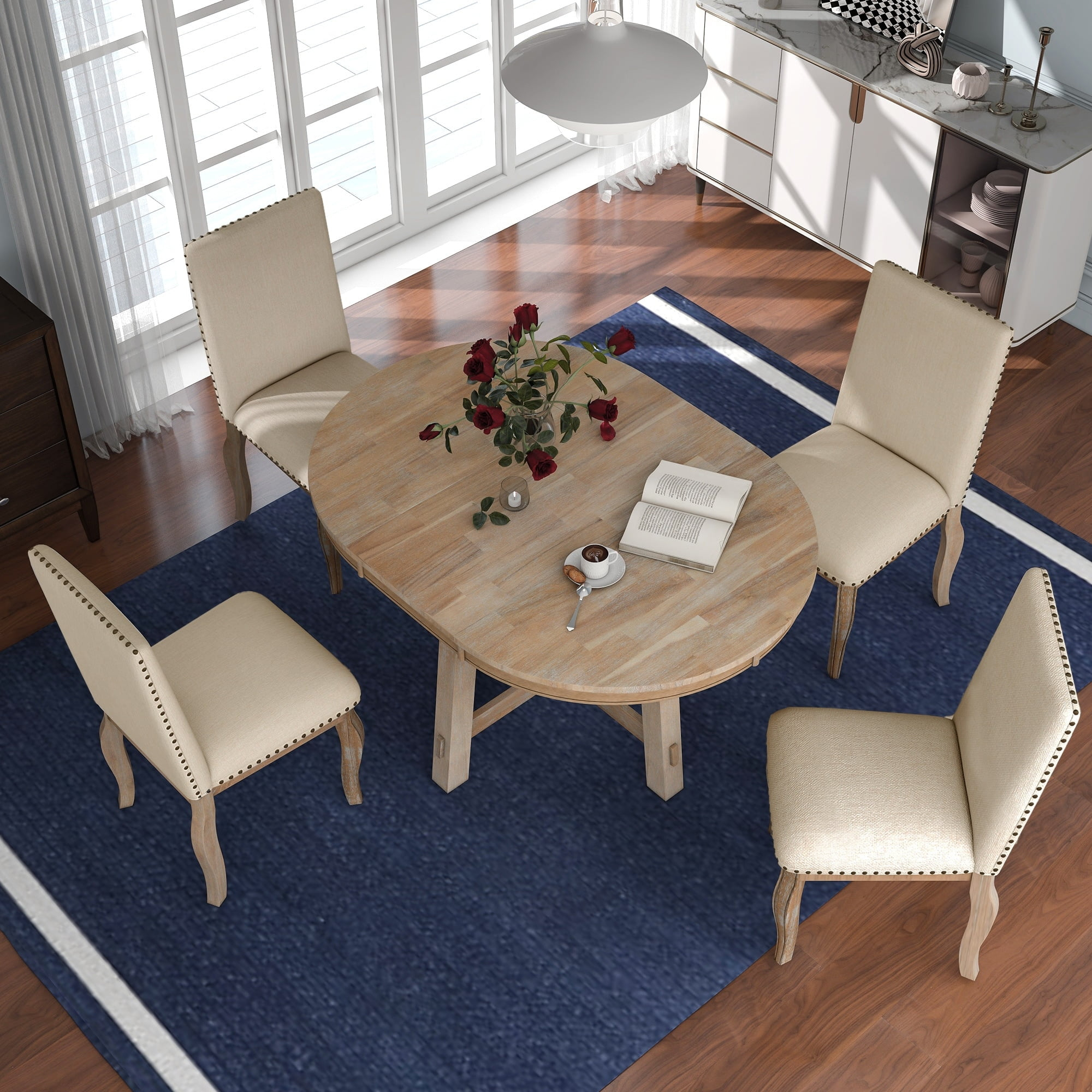 5-Piece Extendable Dining Table Set with Upholstered Chairs Beige