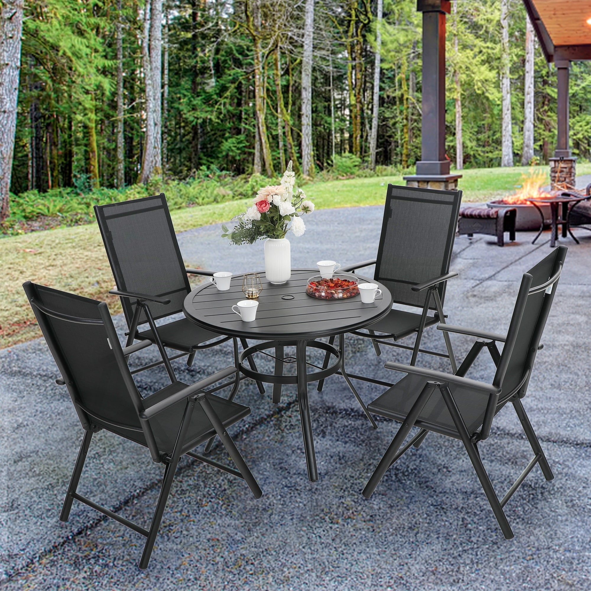 5-Piece Patio Dining Set, Round Metal Steel Dining Table with 1.57"umbrella hole and 4 Adjustable Folding Chairs