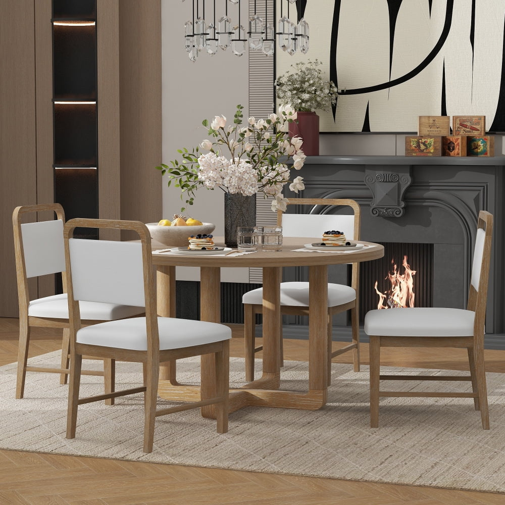 5-Piece Retro Dining Set, Round Table Top with Radial Wood Grain Design and 4 Upholstered Chairs for Dining Room and Kitchen