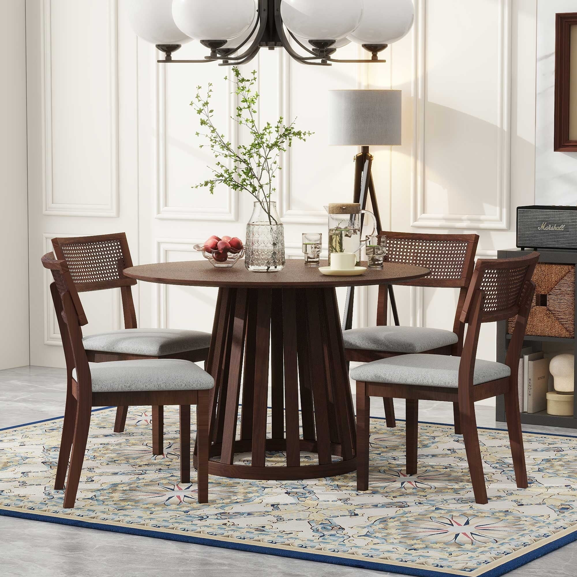 5-Piece Retro Dining Set with 1 Round Dining Table and 4 Upholstered Chairs with Rattan Backrests for Dining Room and Kitchen Walnut