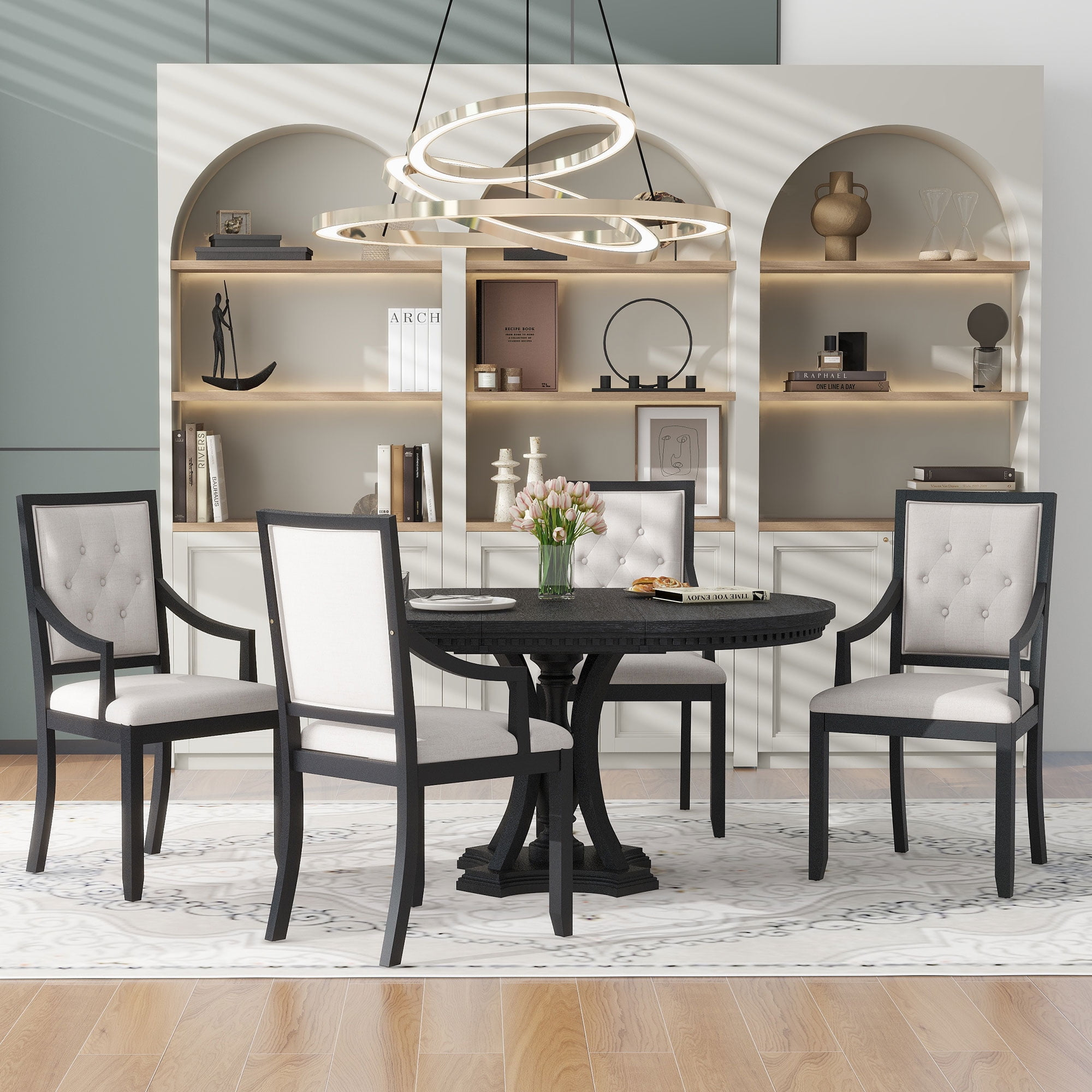 5 Piece Round Dining Table Set, Atumon Dining Room Set with Extendable Table and 4 Upholstered Chairs, Wood Dining Table Set for 4, Farmhouse Dining Table Set for Kitchen Dining Room Apartment, Black