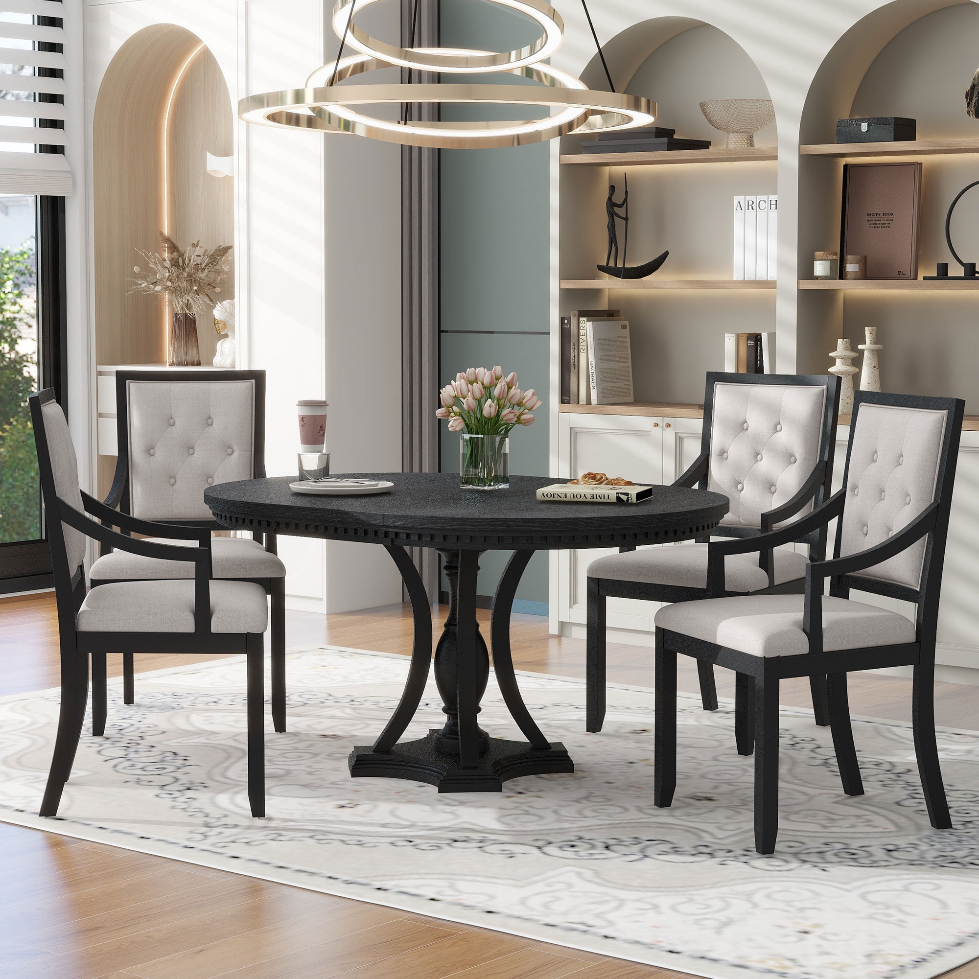 Harper & Bright Designs Farmhouse Dining Set for 4, Wood Kitchen Extendable Round Dining Table Set with 4 Upholstered Chairs, Black