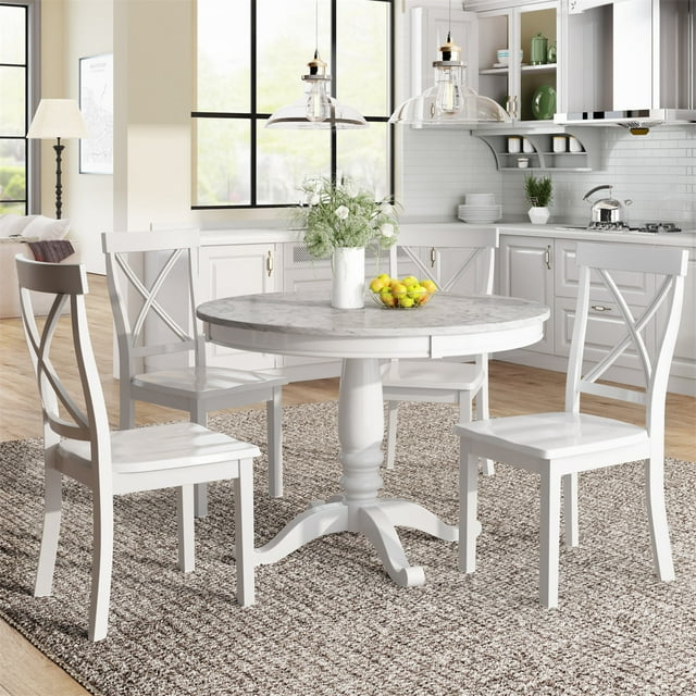5 Pieces Dining Sets with Round Marble Top Table and 4 Chairs, Fashion Home Kitchen Table and Chairs Set for 4 Persons, Simple Dining Table Set, Steady and Durable, White