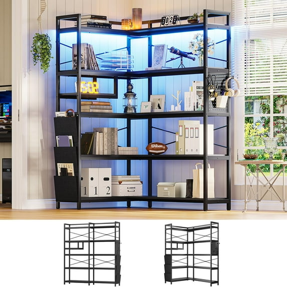 5-Tier Book Shelf with LED Light, 63" Reversible Storage Shelves, Corner Bookshelf with Storage Bag and Pegboard, Black