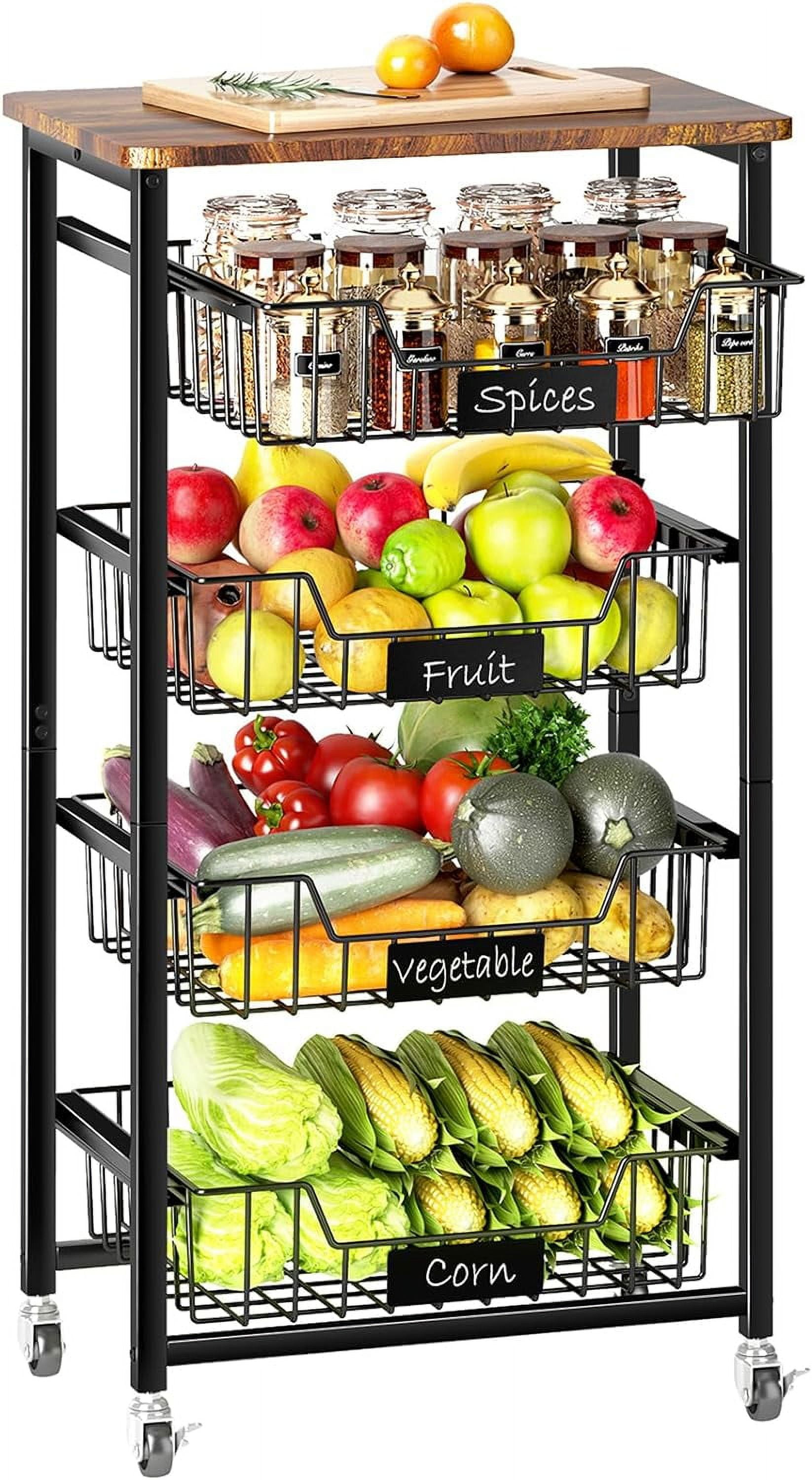 5-Tier Vegetable Fruit Basket Kitchen Storage Rolling Cart on Wheels with Pull-Out Baskets and Wood Top for Kitchen Diningroom Pantry