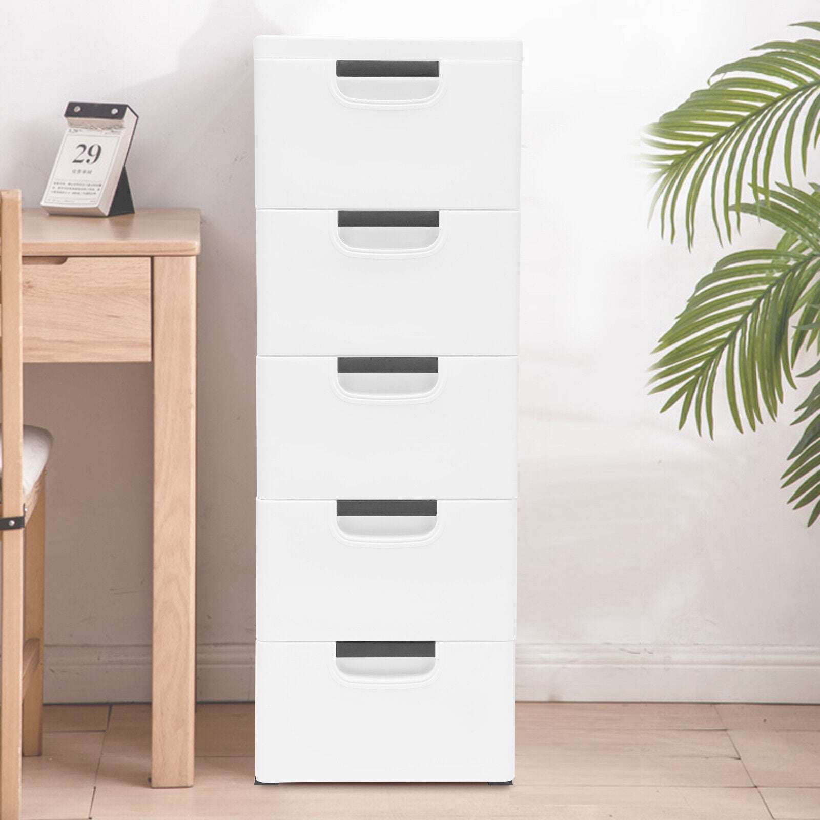 Aiqidi 5 Plastic Drawers Dresser, 5 Layers Vertical Stackable Storage Cabinet Bedroom Tower Closet Organizer w/4 Wheels (White)
