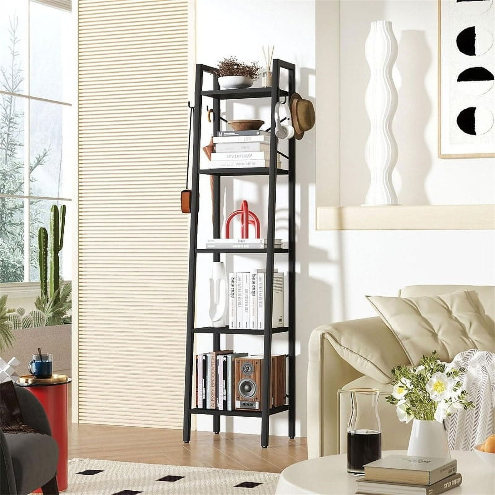 Black Metal 5-Tier Ladder Bookcase with Chipboard Shelves