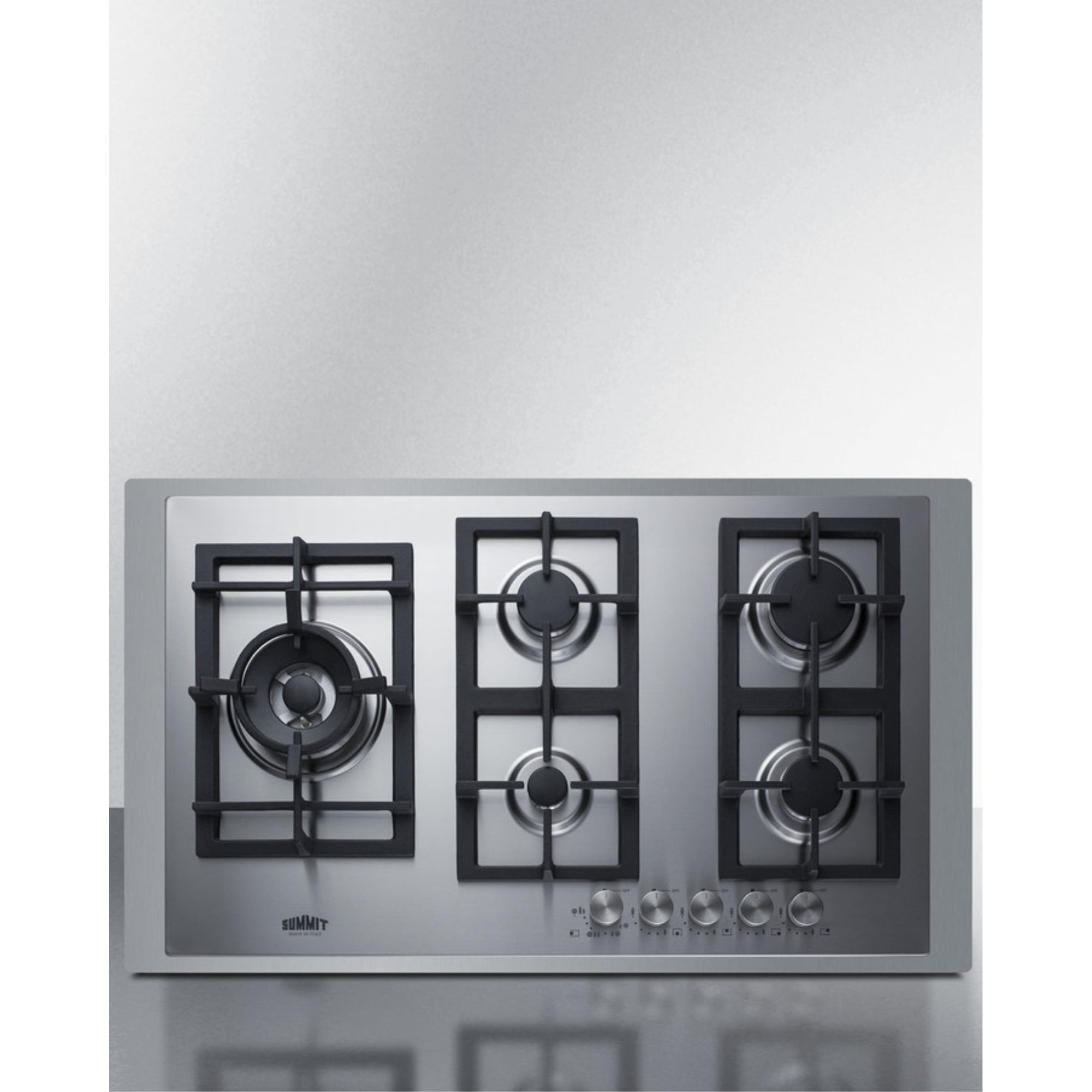 5-burner gas cooktop made in Italy in stainless steel with 36" wide SS trim kit, sealed dual flame burner, cast iron grates, and wok stand