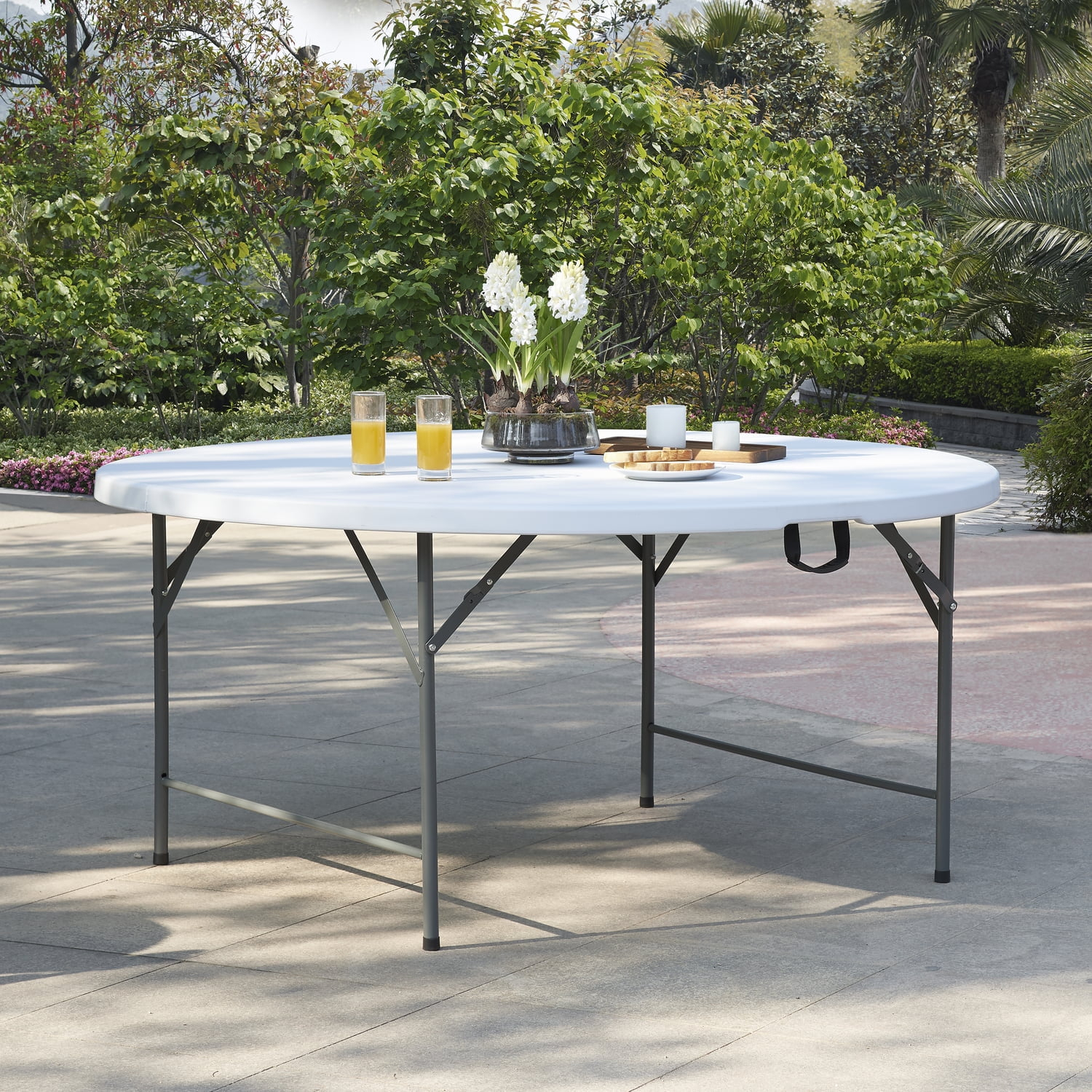 5 ft Round Folding Table Bi-Fold Resin Table with Carrying Handle Round Dinner Table Round Banquet Table Folding Leg - White