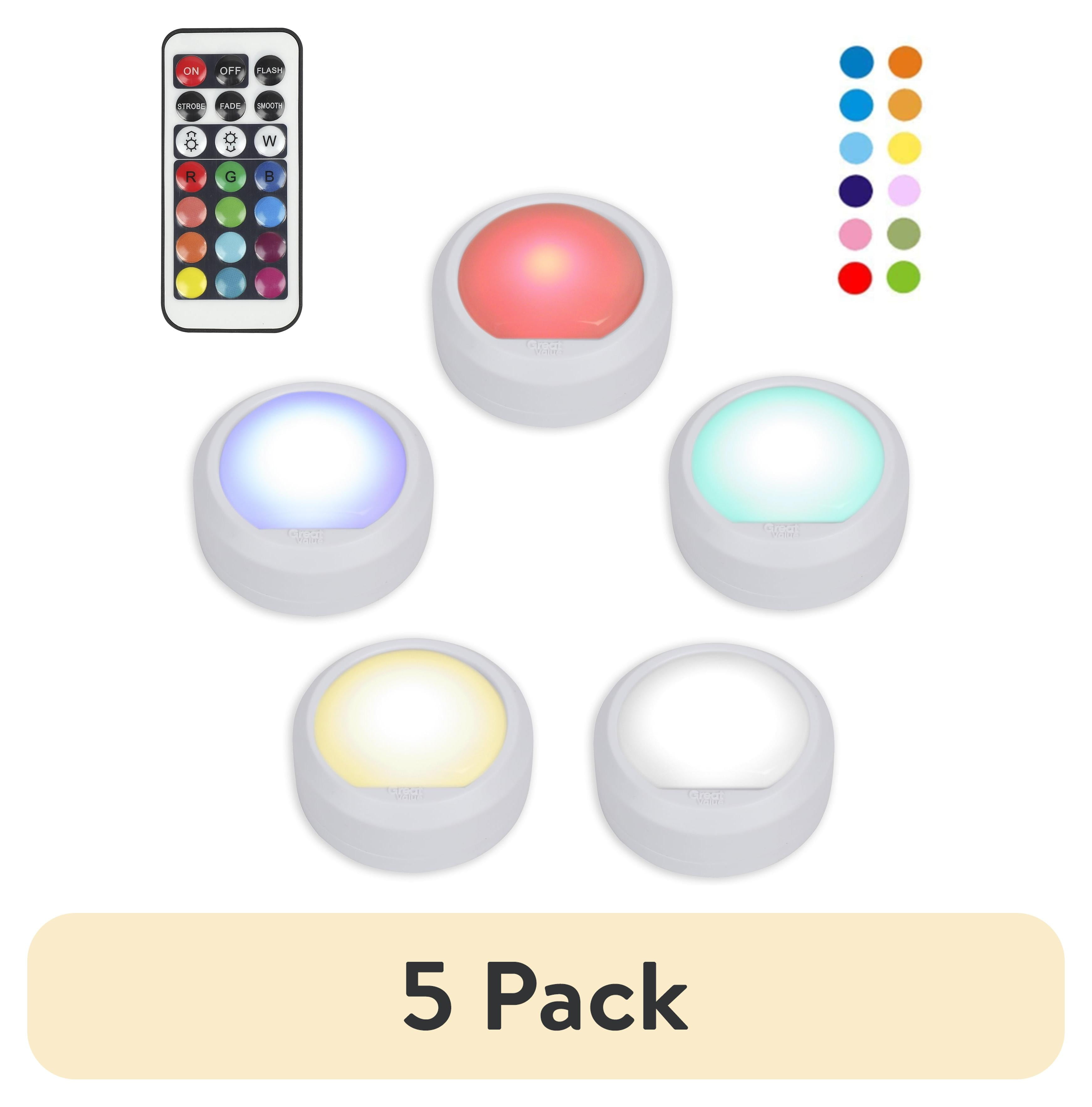 Great Value 5-Pack Color Changing LED Puck Lights with Remote and Batteries, 1.1 oz, 2.5 in, 4151
