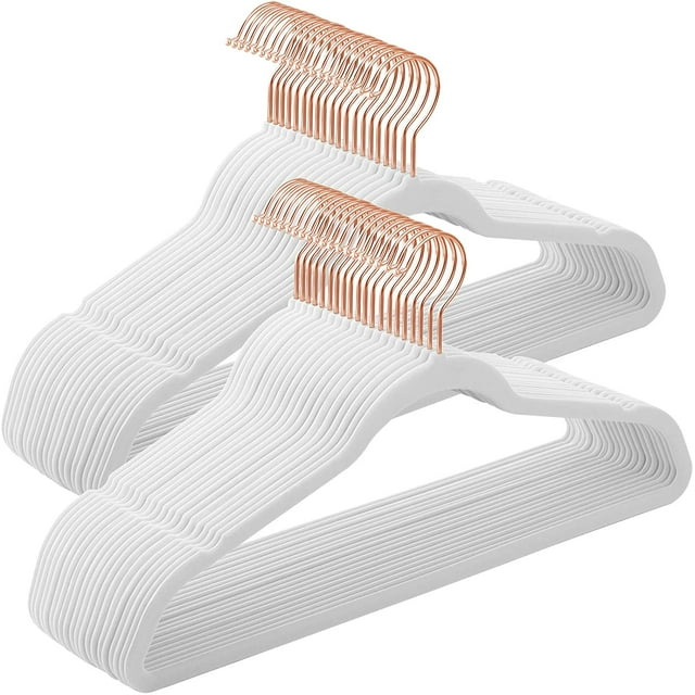 50 Pack Velvet Hangers Non-Slip Clothes Hanger with Rose Gold-Colored Swivel Hooks Space Saving White