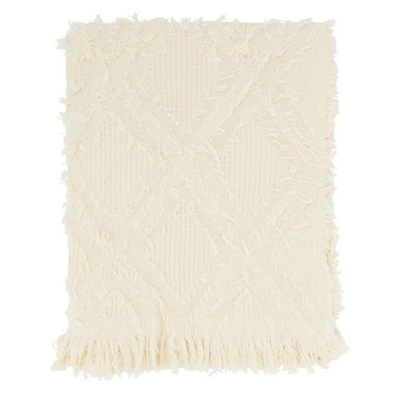 Saro Lifestyle Throw Blanket With Fringe Waffle Weave Design, Ivory, 50x60 inches