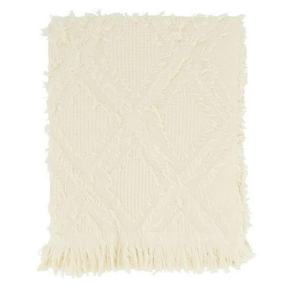 Saro Lifestyle Throw Blanket With Fringe Waffle Weave Design, Ivory, 50x60 inches