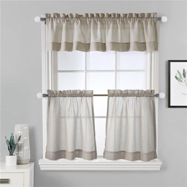 Habitat Wickham Sheer Rod Pocket 3 pc Curtain Tiers and Valance Set 52 x 24 in Sand
