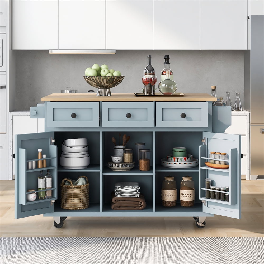 53.1" Kitchen Island Cart with Large Tabletop and Locking Wheels, Kitchen Trolley Cart with 4 Doors Cabinet & 2 Storage Drawers, Spice Rack & Towel Rack, Rolling Kitchen Island Cart, Grey Blue