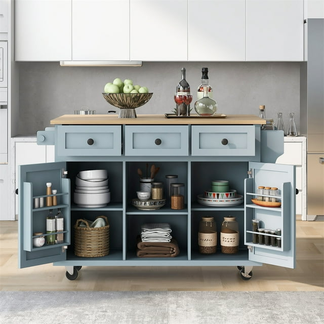 53.1" Kitchen Island Cart with Large Tabletop and Locking Wheels, Kitchen Trolley Cart with 4 Doors Cabinet & 2 Storage Drawers, Spice Rack & Towel Rack, Rolling Kitchen Island Cart, Grey Blue