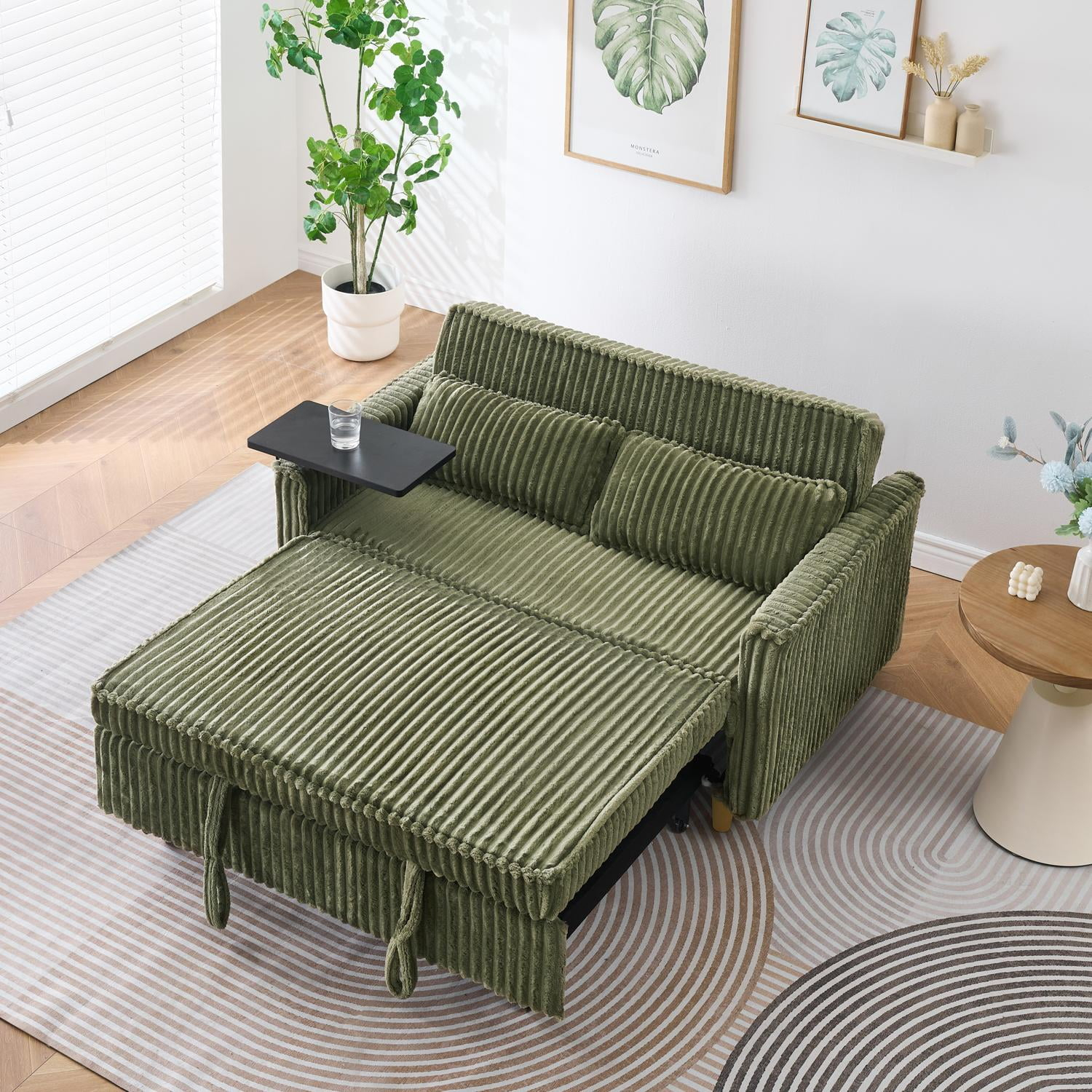 54"W Convertible Sleeper Sofa Bed,3-In-1 Corduroy Pull Out Couch Bed,Futon Loveseat Sleeper Couch with Adjustable Backrest and USB Ports & Side Table,Recliner for Living Room,Office,Small Space,Green