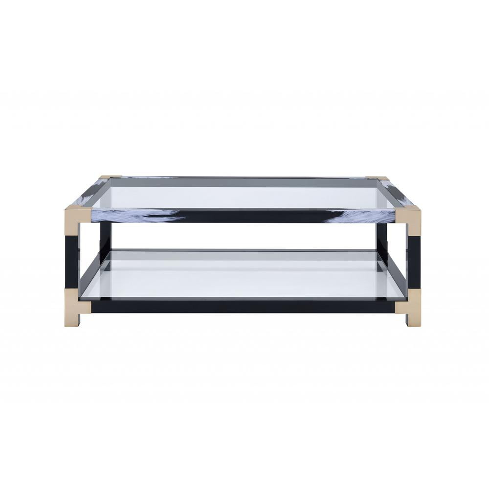 54" X 18" X 34" White Brushed, Black, Gold And Clear Glass Coffee Table