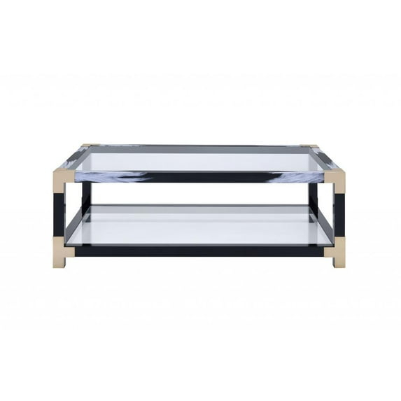 54" X 18" X 34" White Brushed, Black, Gold And Clear Glass Coffee Table