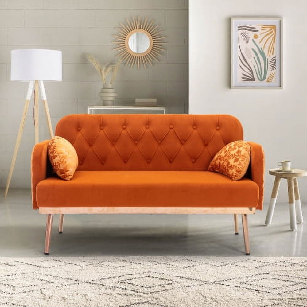 55" Velvet Sofa with 2 Pillows and Golden Metal Legs,Twin Size Loveseat Accent Couch with Button Tufted Backrest and Armrests, Living Room Sofa