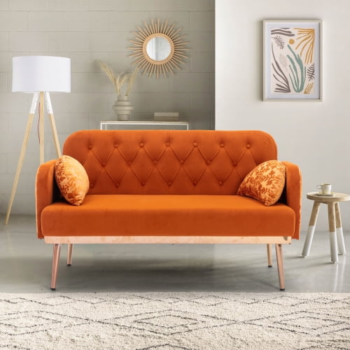 55" Velvet Sofa with 2 Pillows and Golden Metal Legs,Twin Size Loveseat Accent Couch with Button Tufted Backrest and Armrests, Living Room Sofa