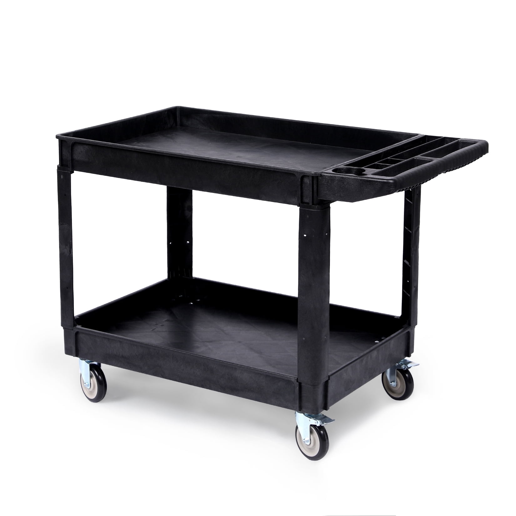 Black Heavy Duty Polypropylene 2-Shelf Rolling Utility Cart with Ergonomic Handle
