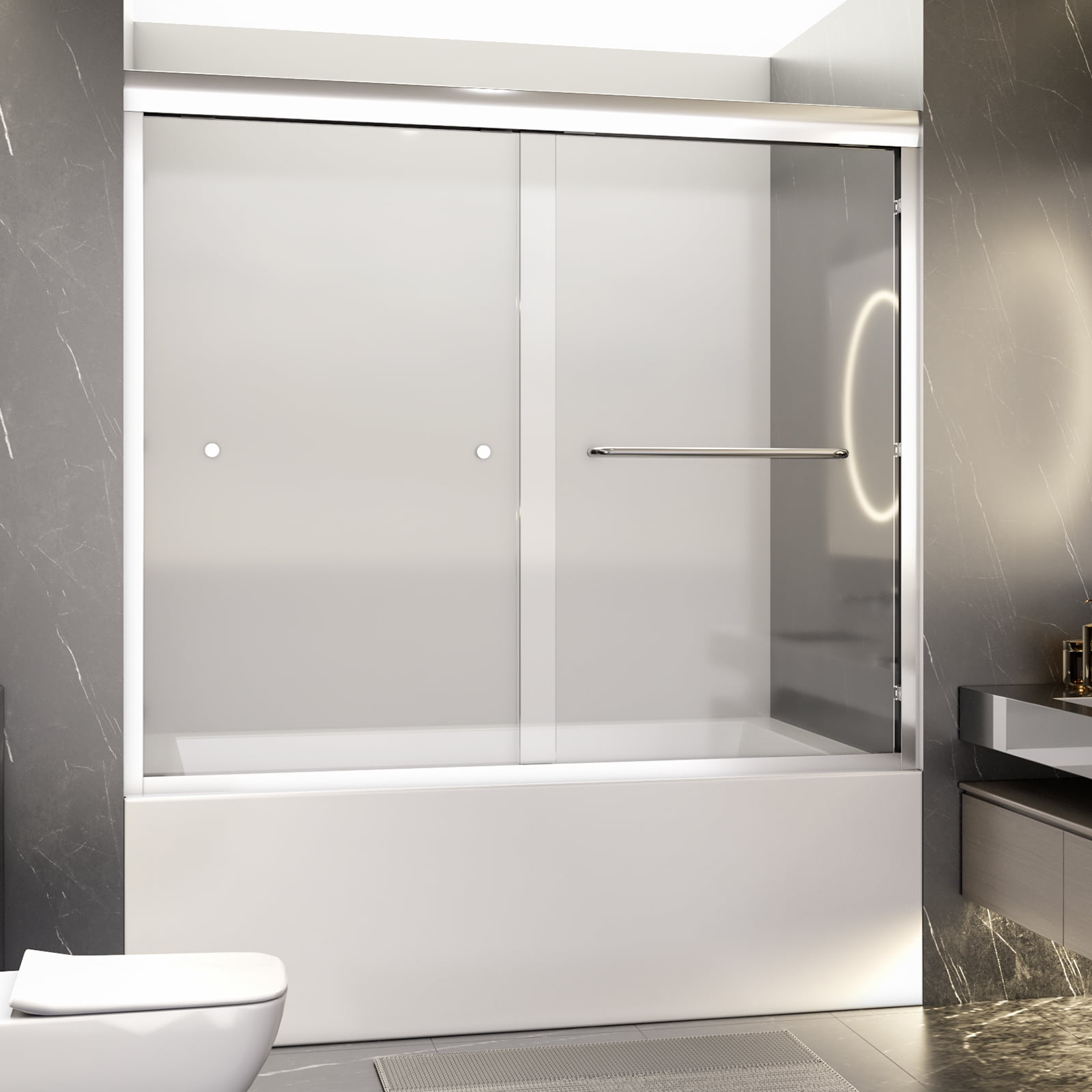 56"-60"W*58" H Semi-Frameless Double Sliding Tub Door, Bypass Bathtub Shower, 1/4" (6mm) Thick SGCC Tempered Glass Door, Chrome