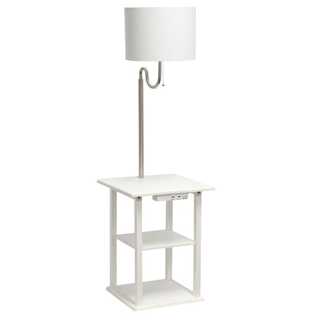 57 in. Modern 2 Tier End Table & White Drum Fabric Shade Floor Lamp with 2 x USB Charging Ports & Power Outlet, White