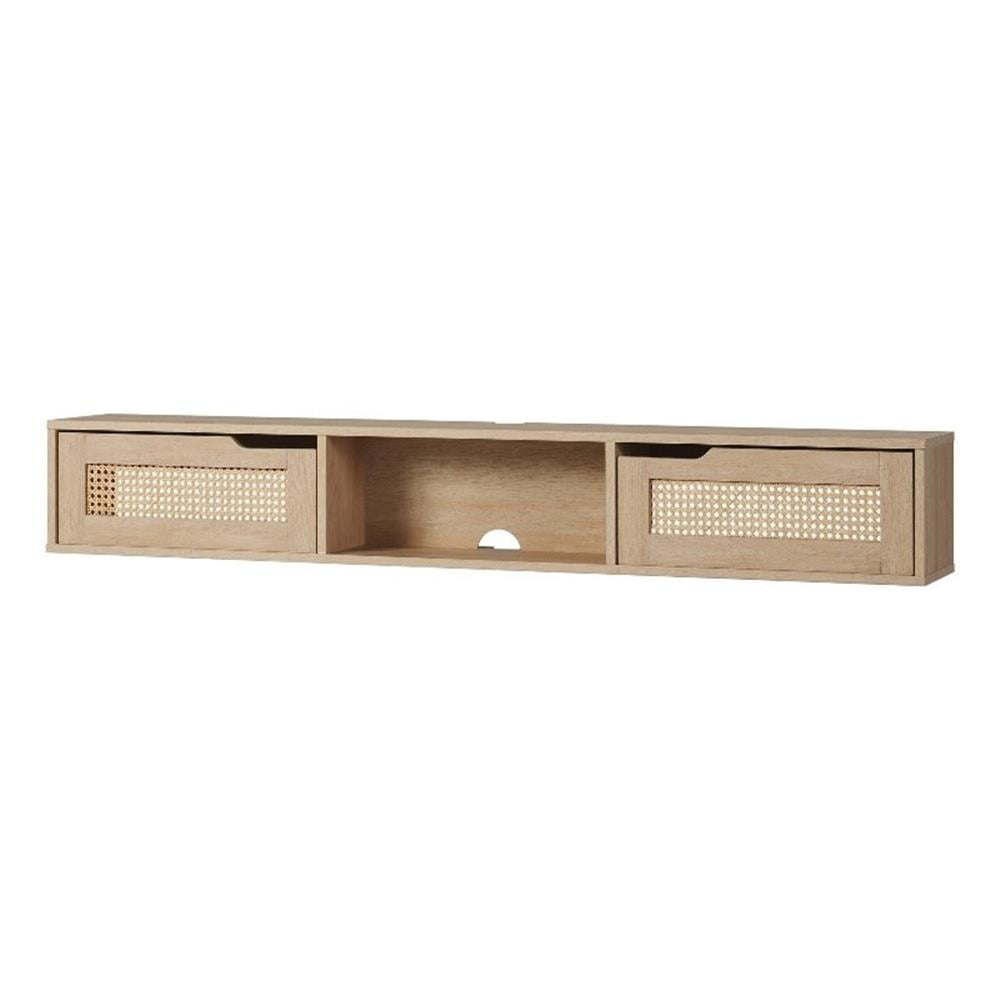 Walker Edison Modern Floating Rattan-Door TV Stand for TVs up to 65”, Coastal Oak