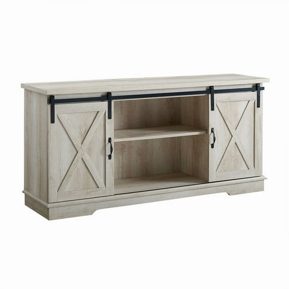 58" Modern Farmhouse Wood TV Stand with Sliding Barn Doors - Solid White Oak