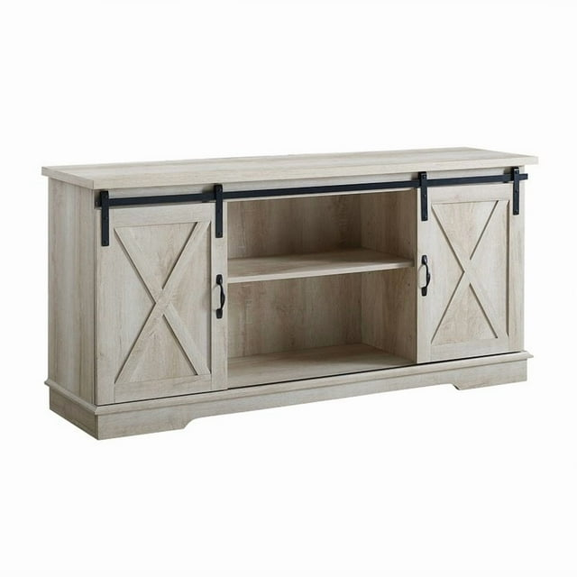 58" Modern Farmhouse Wood TV Stand with Sliding Barn Doors - Solid White Oak