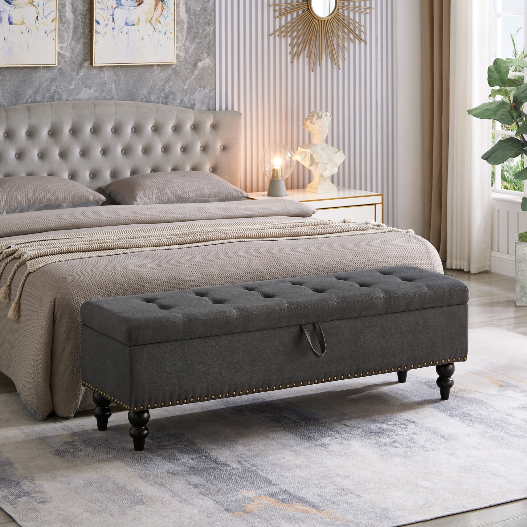 59" Tufted Button Storage Bench, Modern Linen Upholstered Ottoman with Wooden Legs, Bed End Bench Window Bench for Bedroom Living Room, Grey