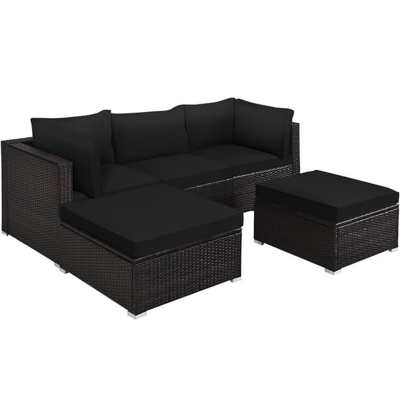 Spaco 5 Pieces Patio Sectional Rattan Furniture Set with Ottoman Table-Black, Wicker Furniture Conversation Sets for Garden, Poolside, Backyard