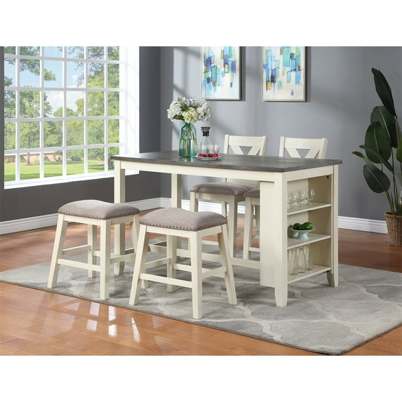 5Pcs Dining Table Set, Counter Height High Dining Table with High Chairs And Stools, Wooden Kitchen Breakfast Dining Room Furniture with Storage Shelves, Off White
