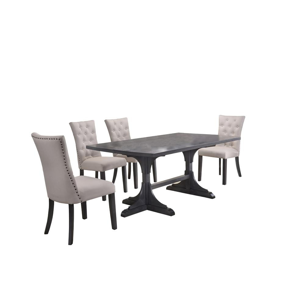 5pc Gray Wood Dining Set with Light Gray Linen Fabric Seats