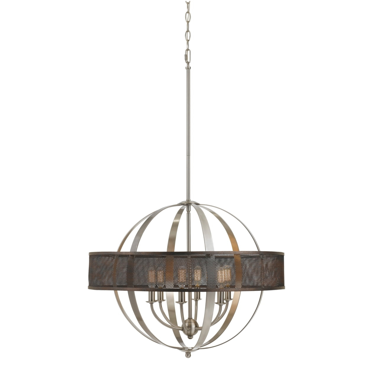 6 Bulb Round Metal Chandelier with Mesh Design, Chrome and Gray- Saltoro Sherpi