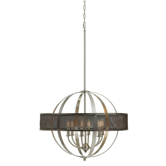 6 Bulb Round Metal Chandelier with Mesh Design, Chrome and Gray- Saltoro Sherpi