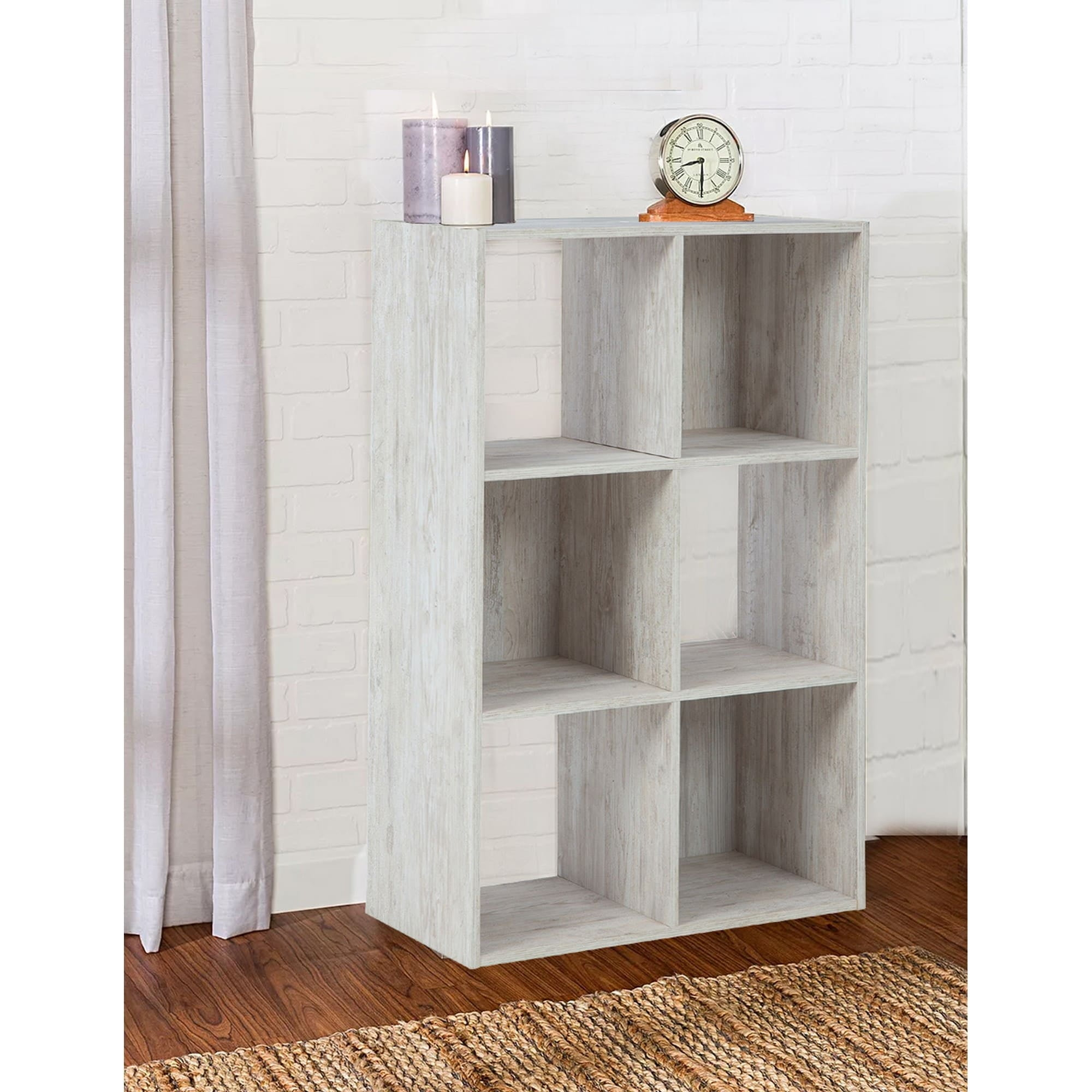 Benjara 6 Cube Wooden Organizer with Grain Details, Washed White