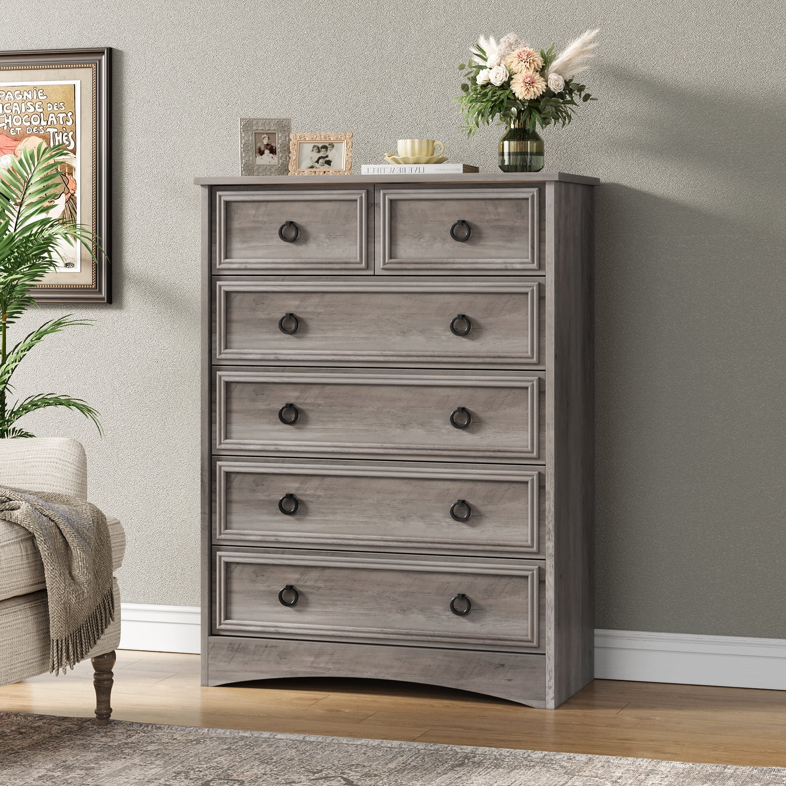6 Drawer Dresser, Tall Wood Chest of Drawers Dressers for Bedroom, Living Room, Gray
