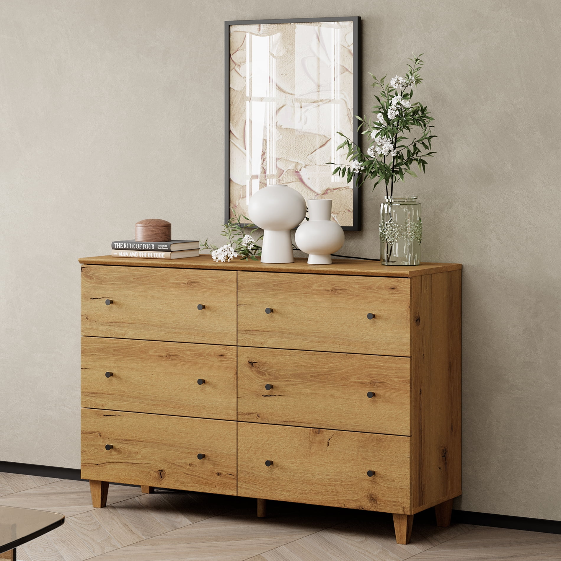 Wampat 47" Baby Dresser for Nursery with 6 Drawers, Changing Table for Baby, Oak Brown